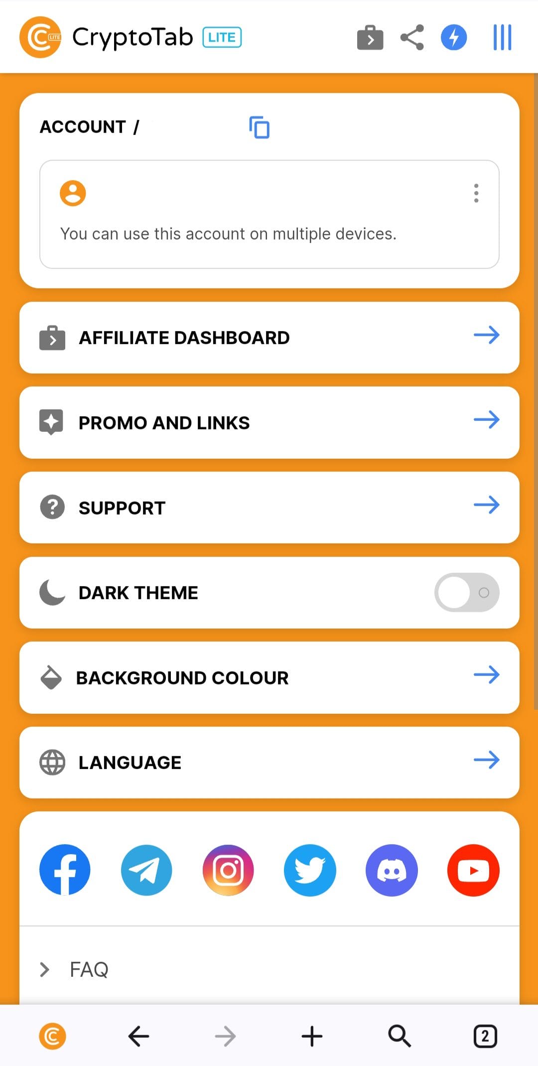 CryptoTab Browser Lite profile menu