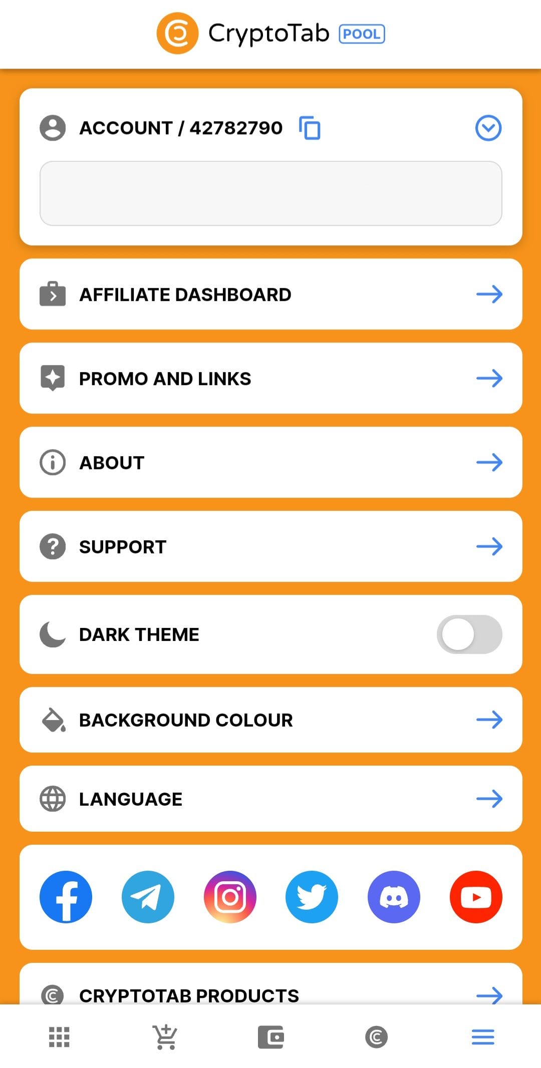 CryptoTab Pool profile menu