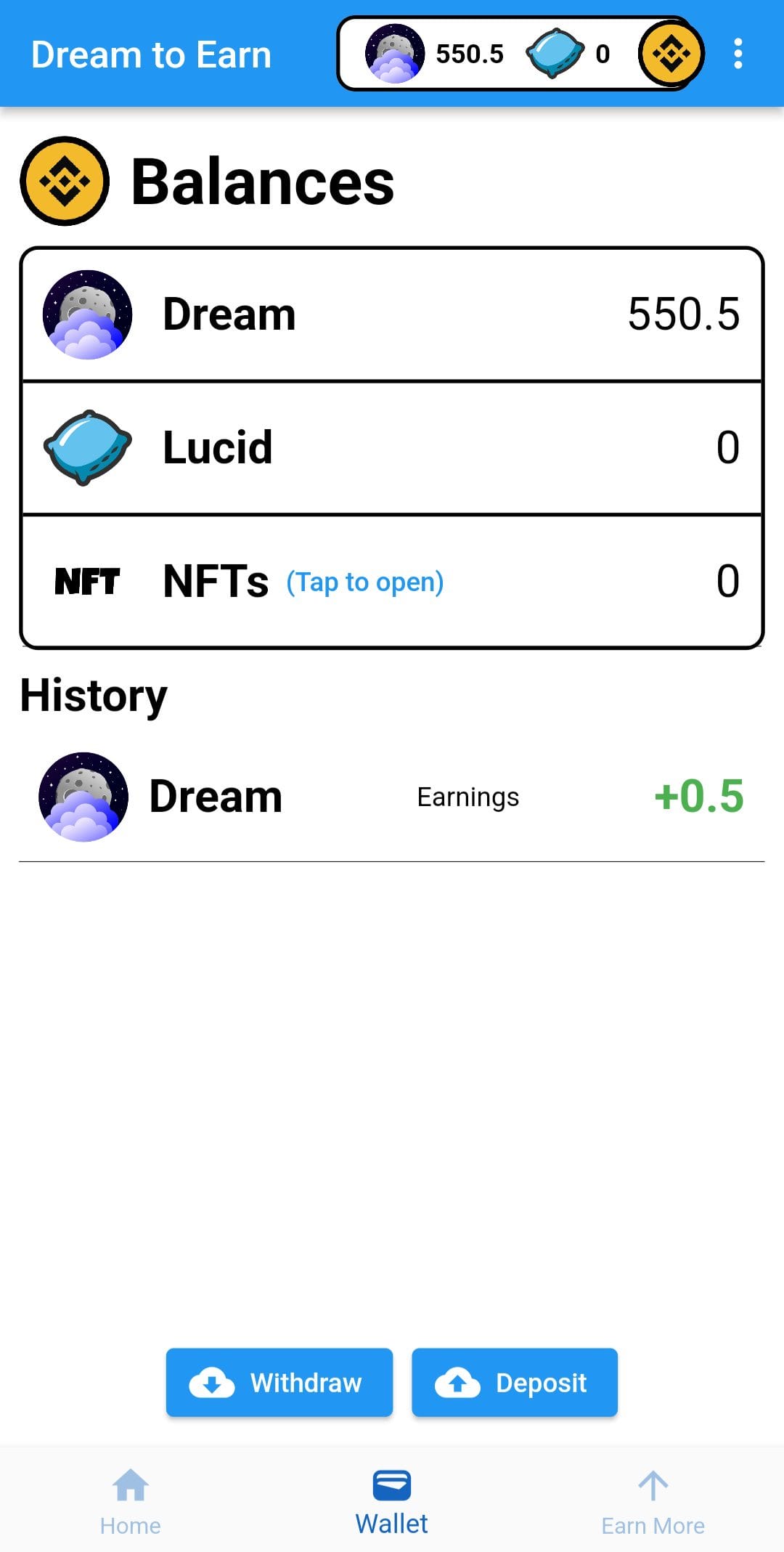 Dream to Earn earning history