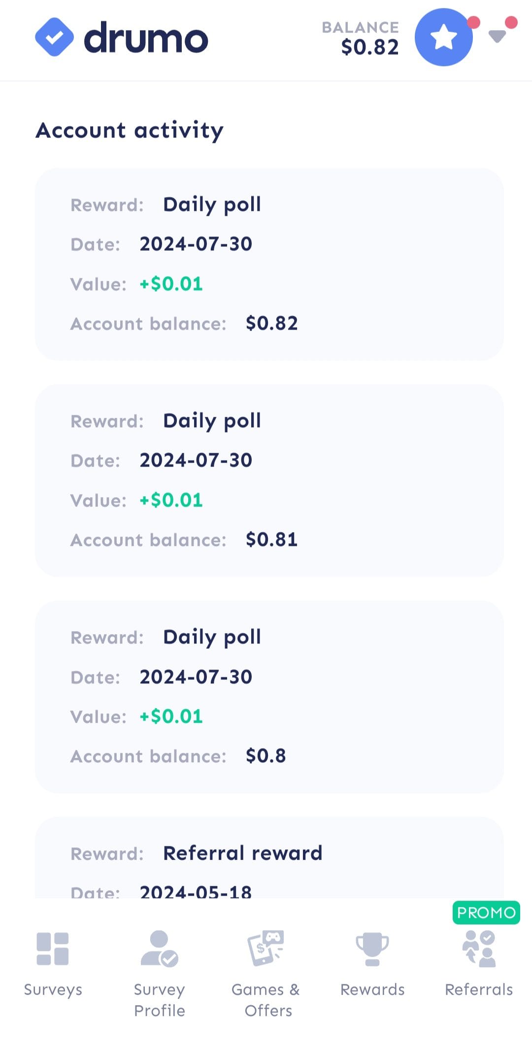 Drumo account activity