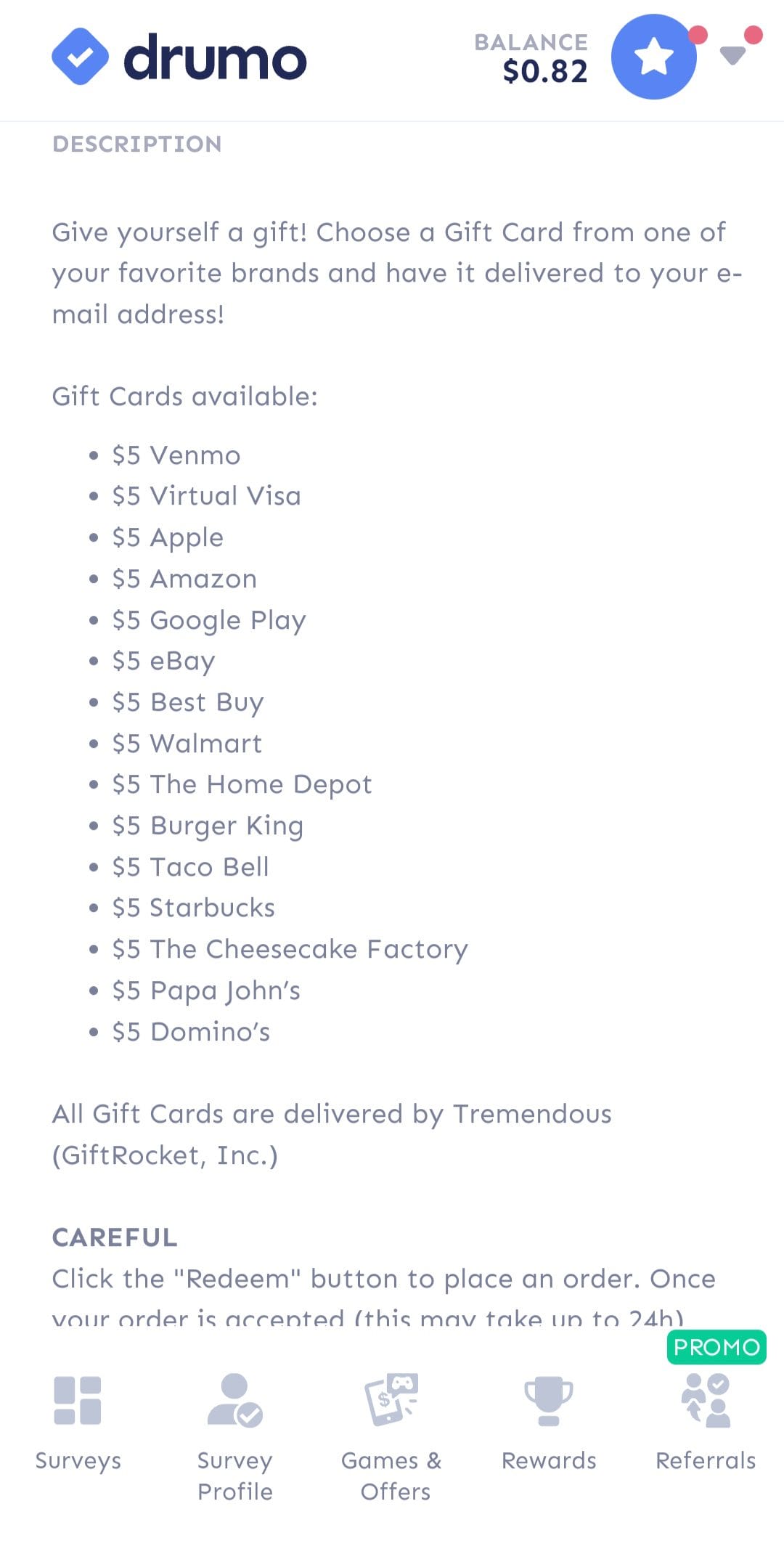 Drumo available gift cards
