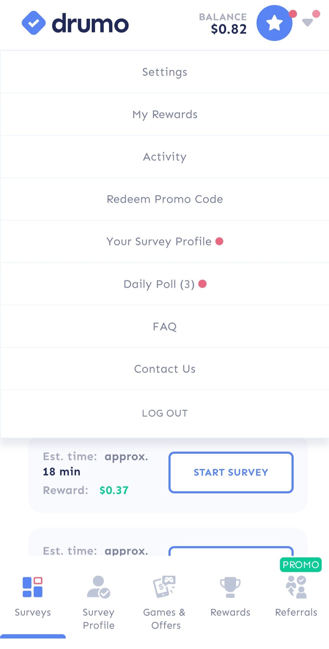 Drumo profile menu