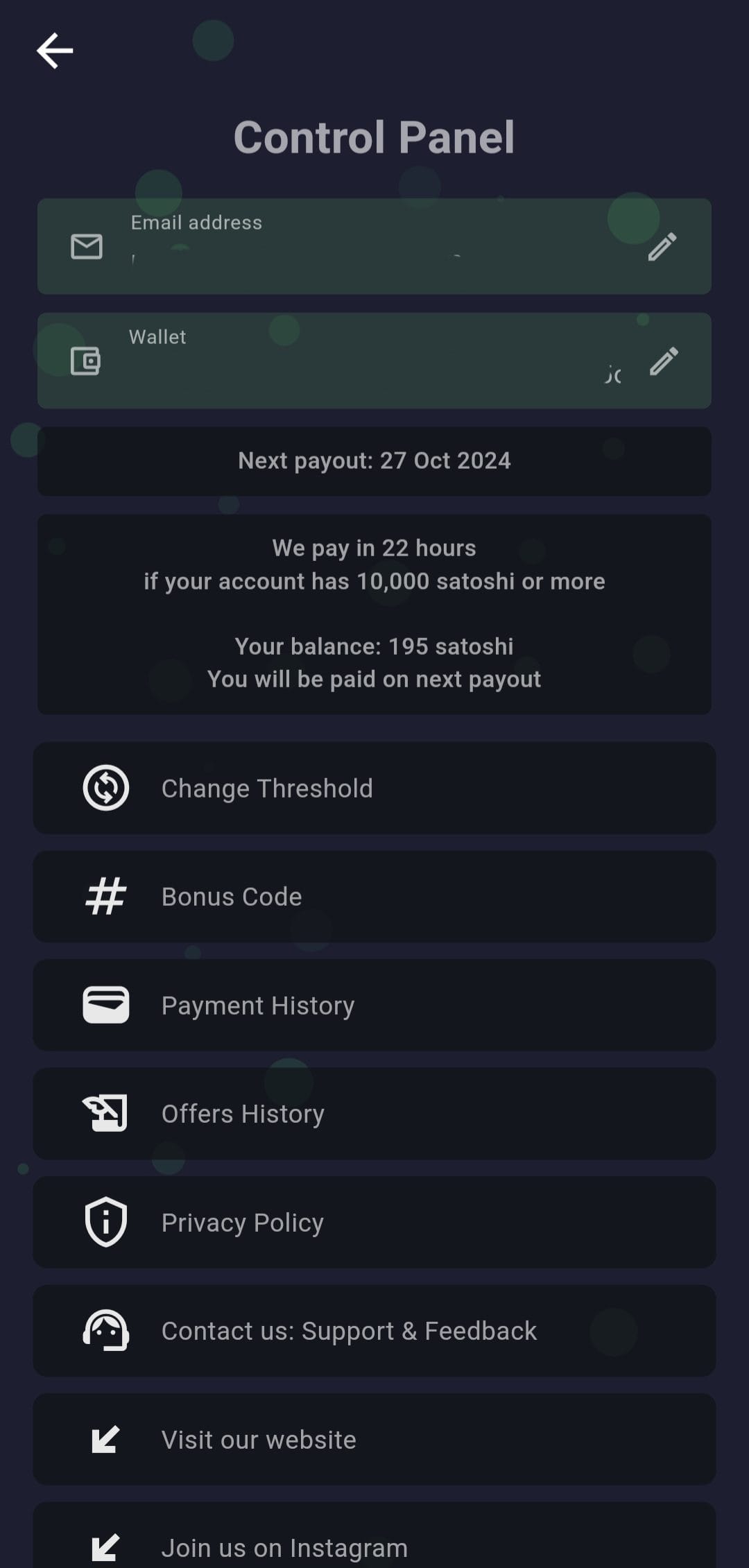 Earn Bitcoin Cash Control Panel