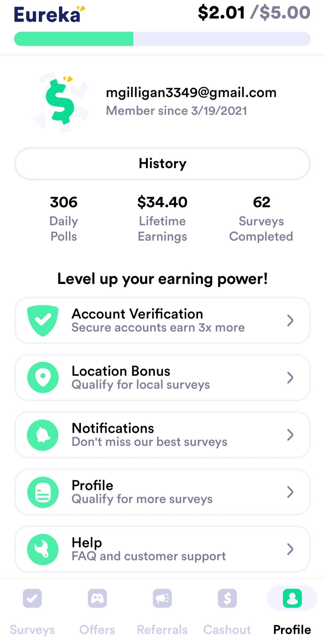 Eureka profile menu