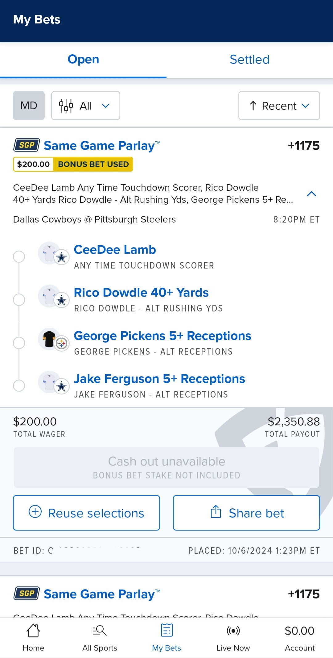 FanDuel place a bet