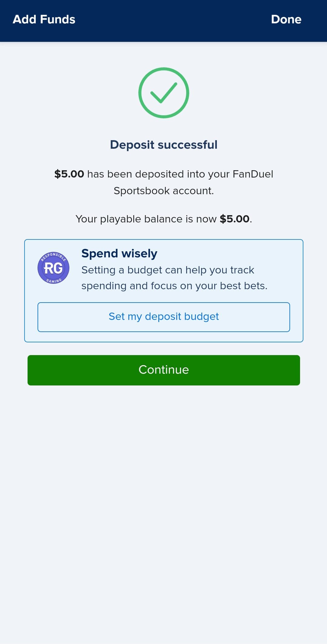 FanDuel deposit confirmation