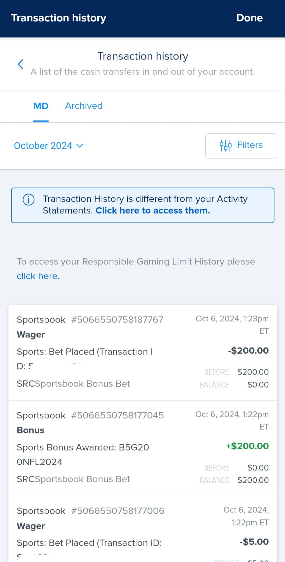 FanDuel transaction history