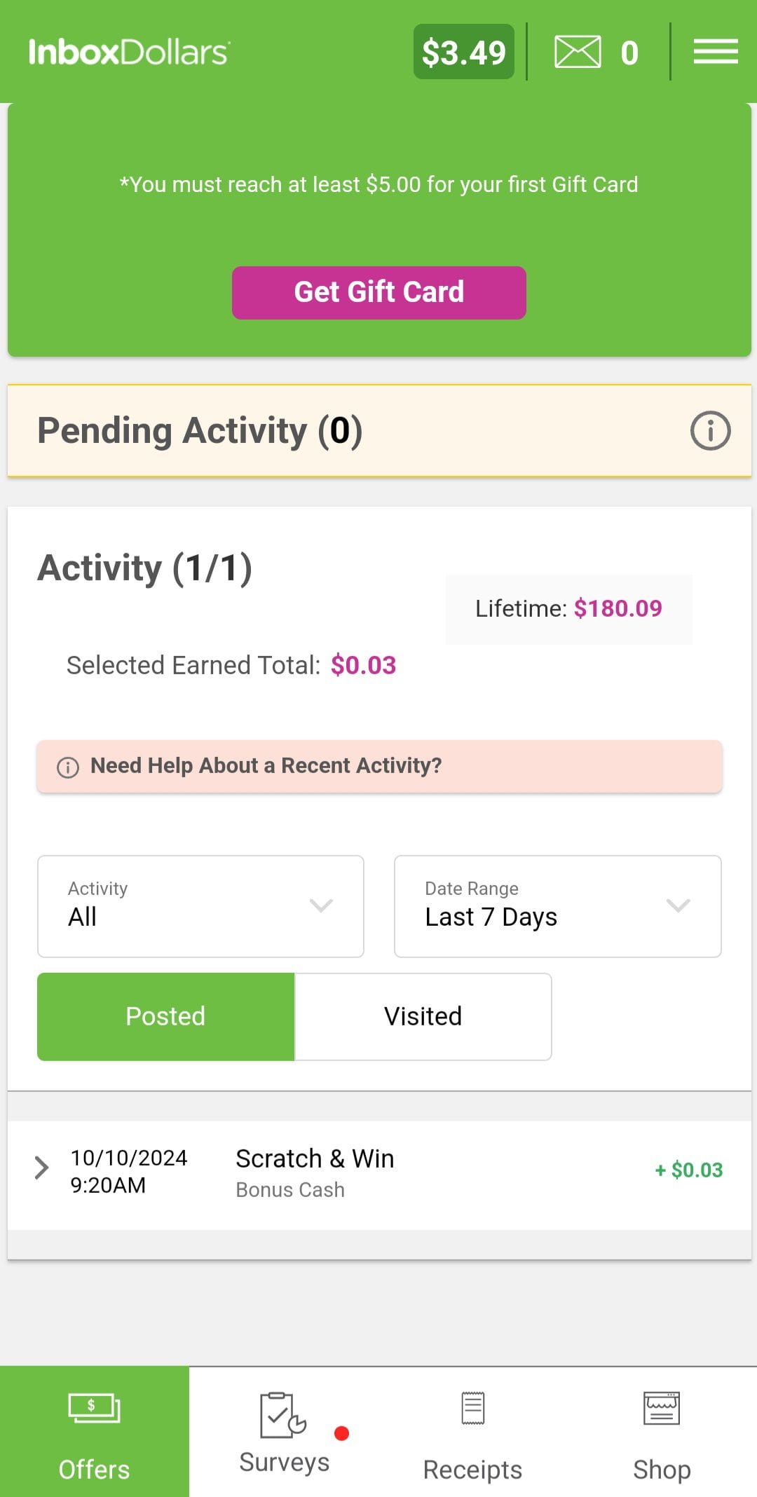 InboxDollars earning activity