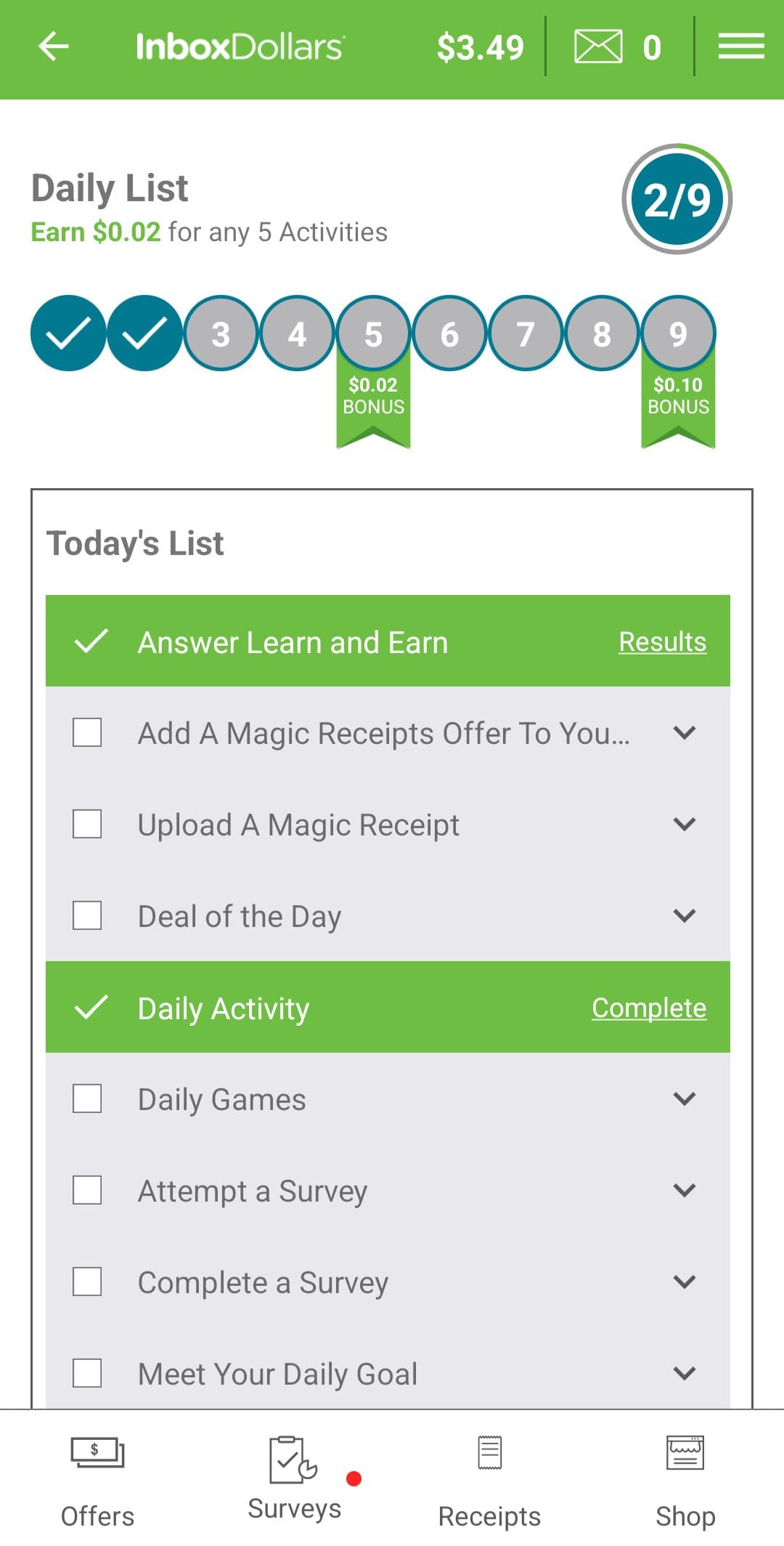 InboxDollars Daily Goal Lists