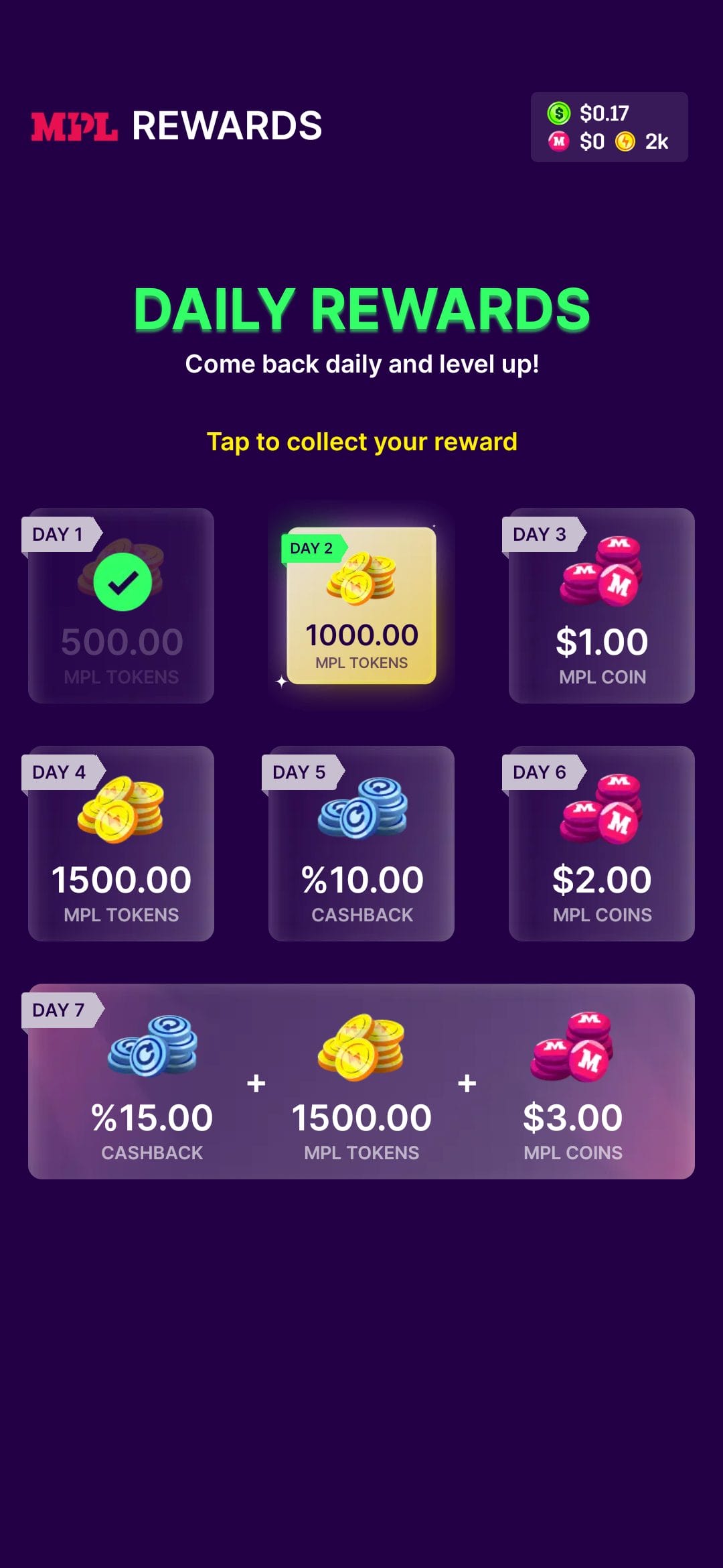 MPL Earn daily rewards