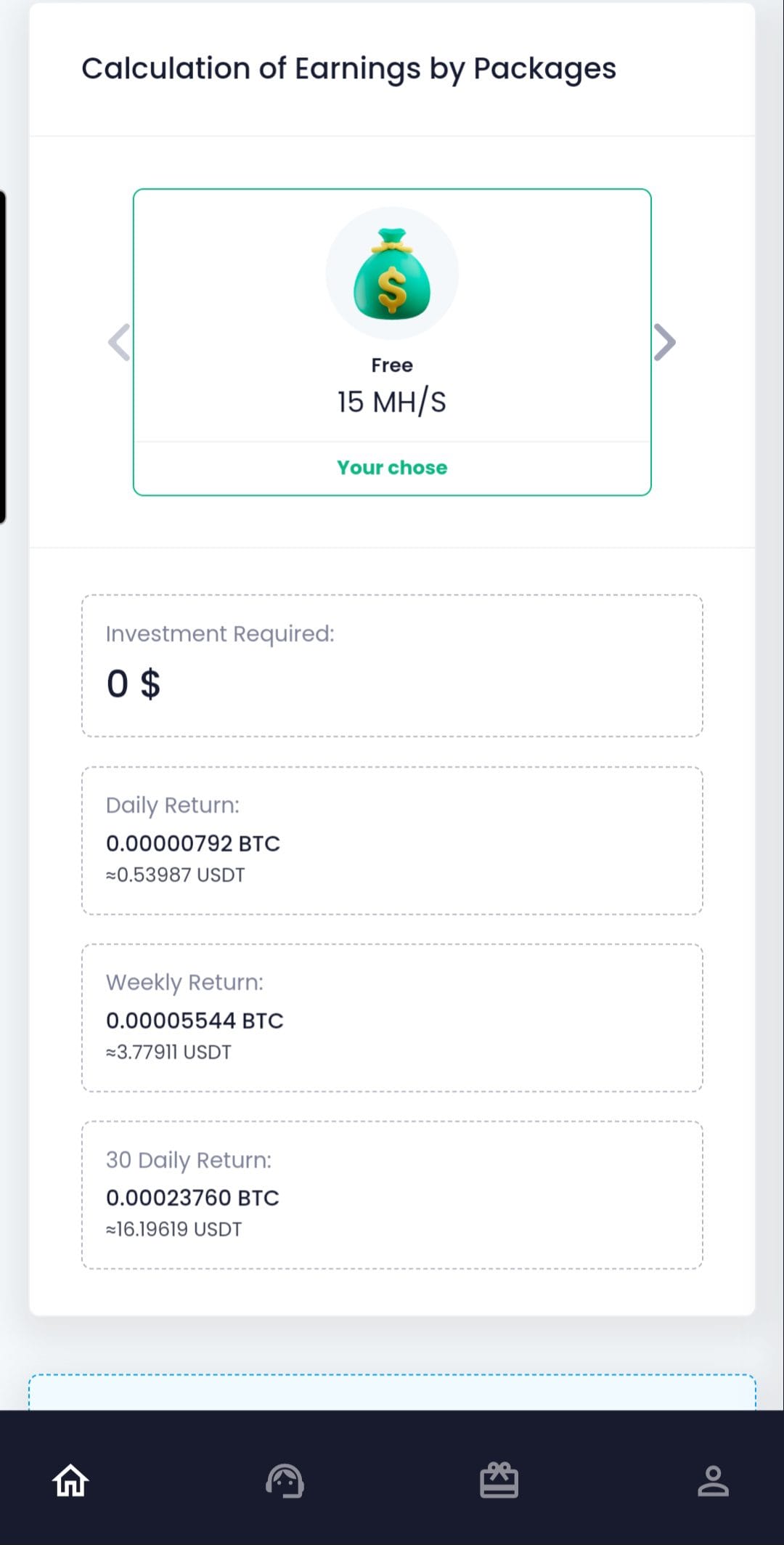 Minersy Earnings Per Package