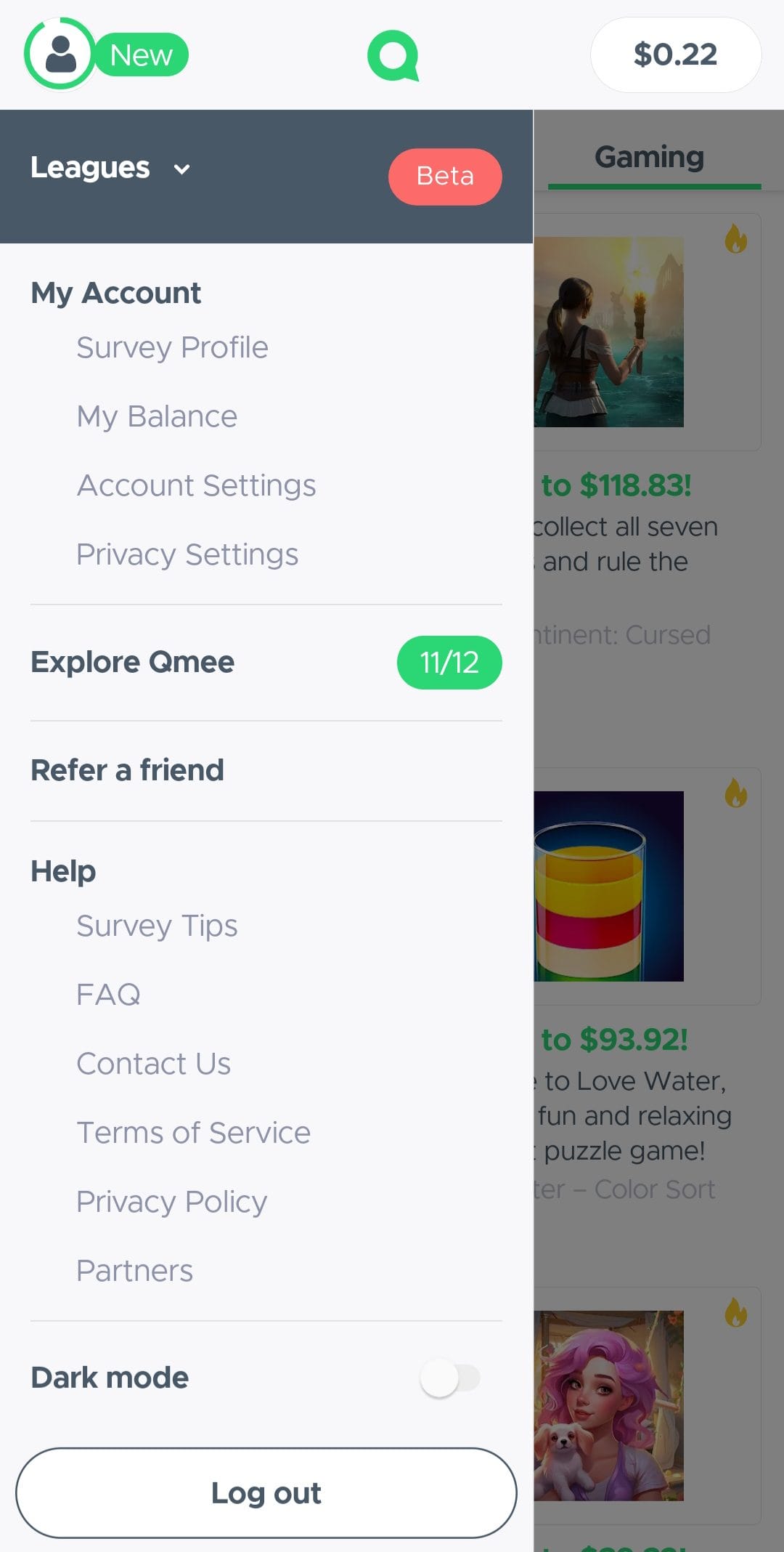 Qmee Profile Menu