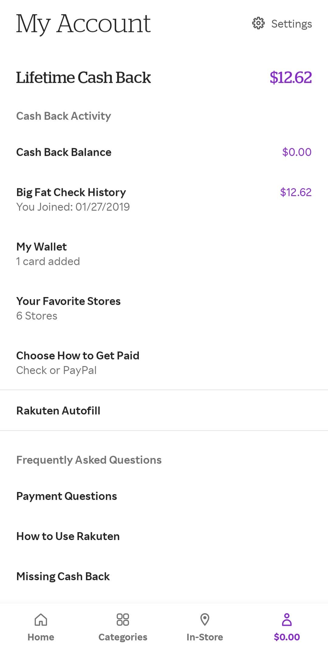 Rakuten profile menu