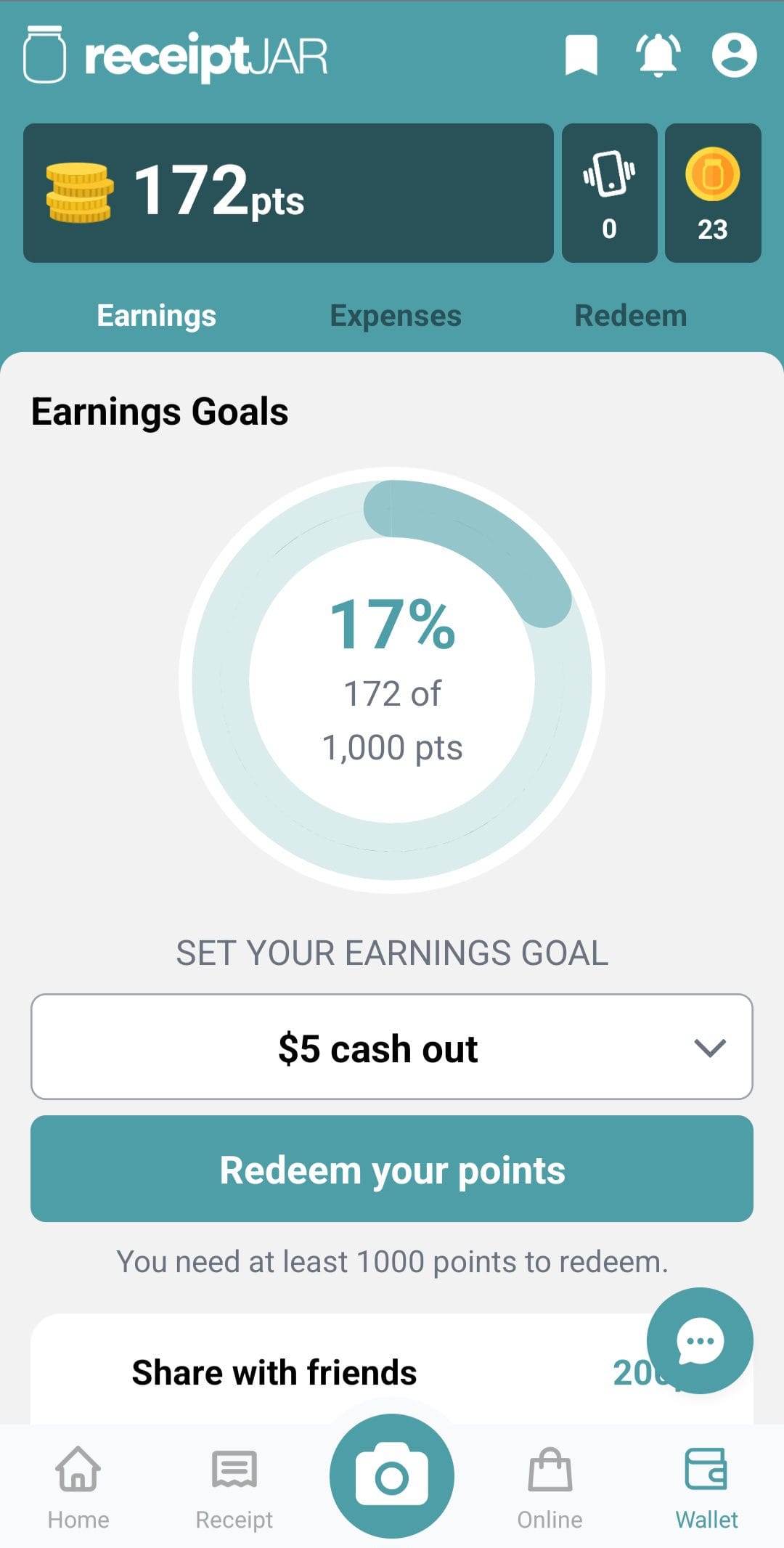 ReceiptJar Earnings Goals