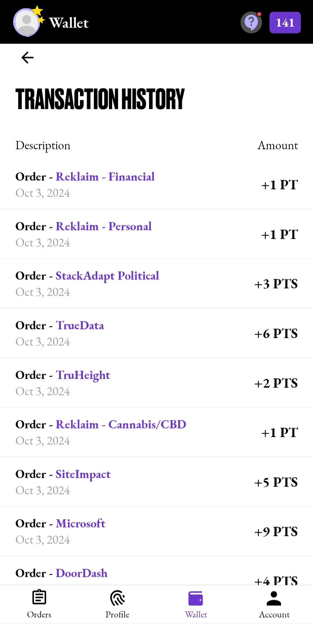 Reklaim transaction history
