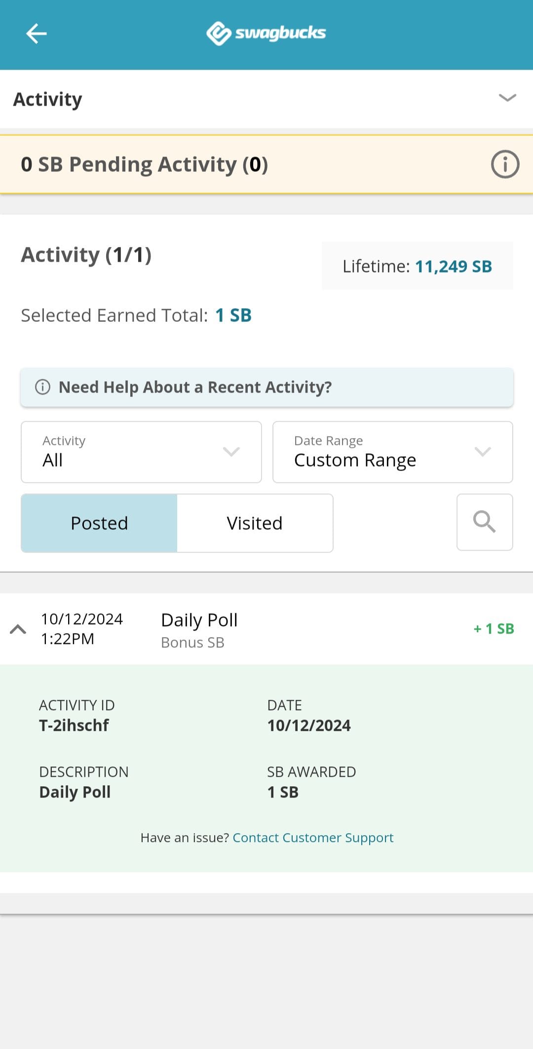 Swagbucks Recent Activity