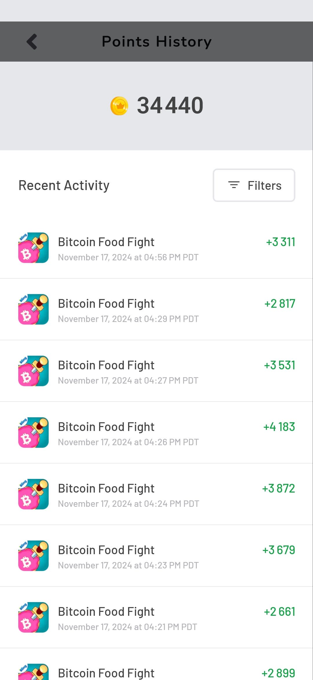Bitcoin Food Fight Earning History