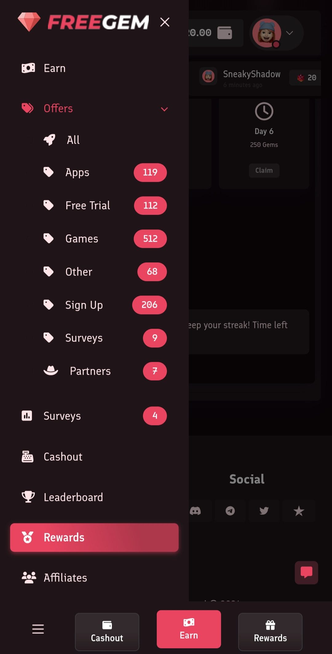 Freegem Profile Menu