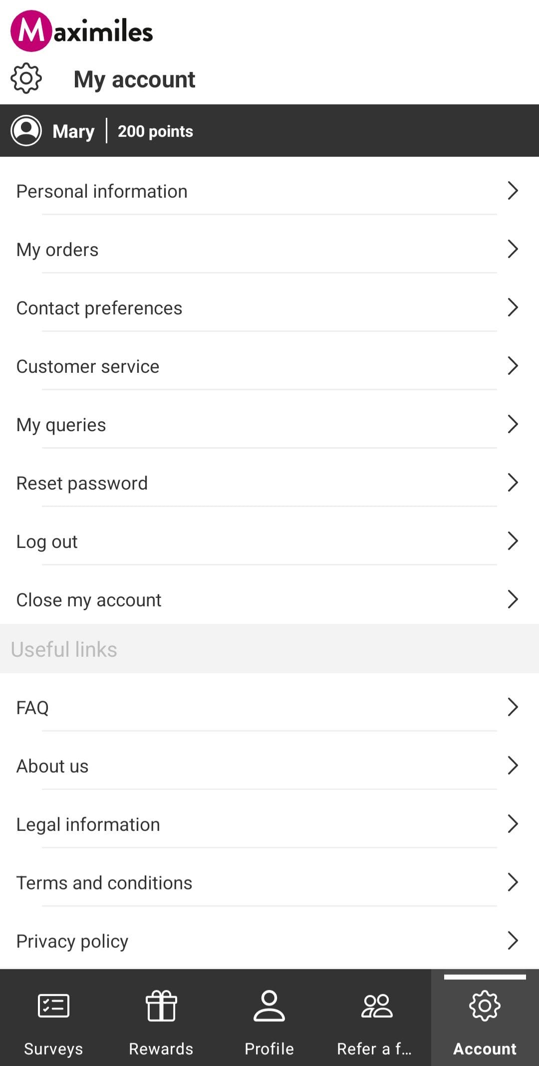 Maximiles Profile Menu