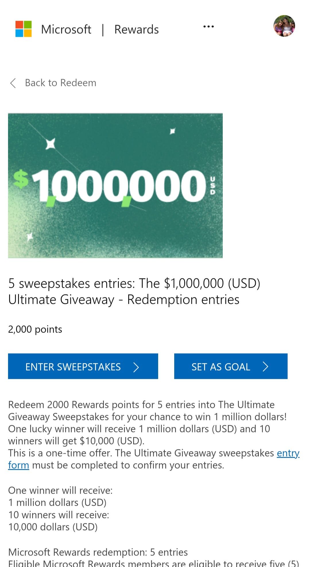 Microsoft Rewards Sweepstakes earn more entries