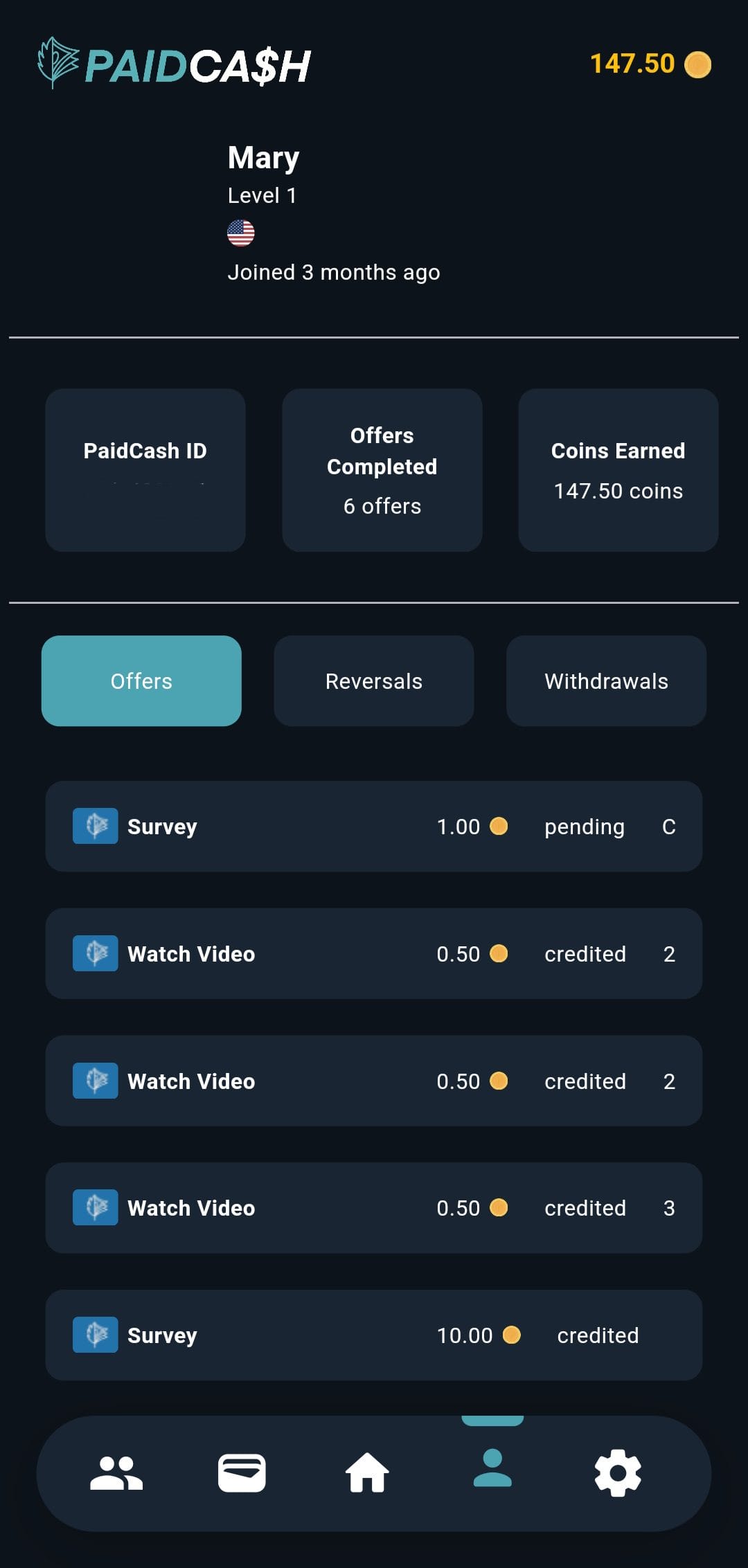 PaidCash Completed Offers