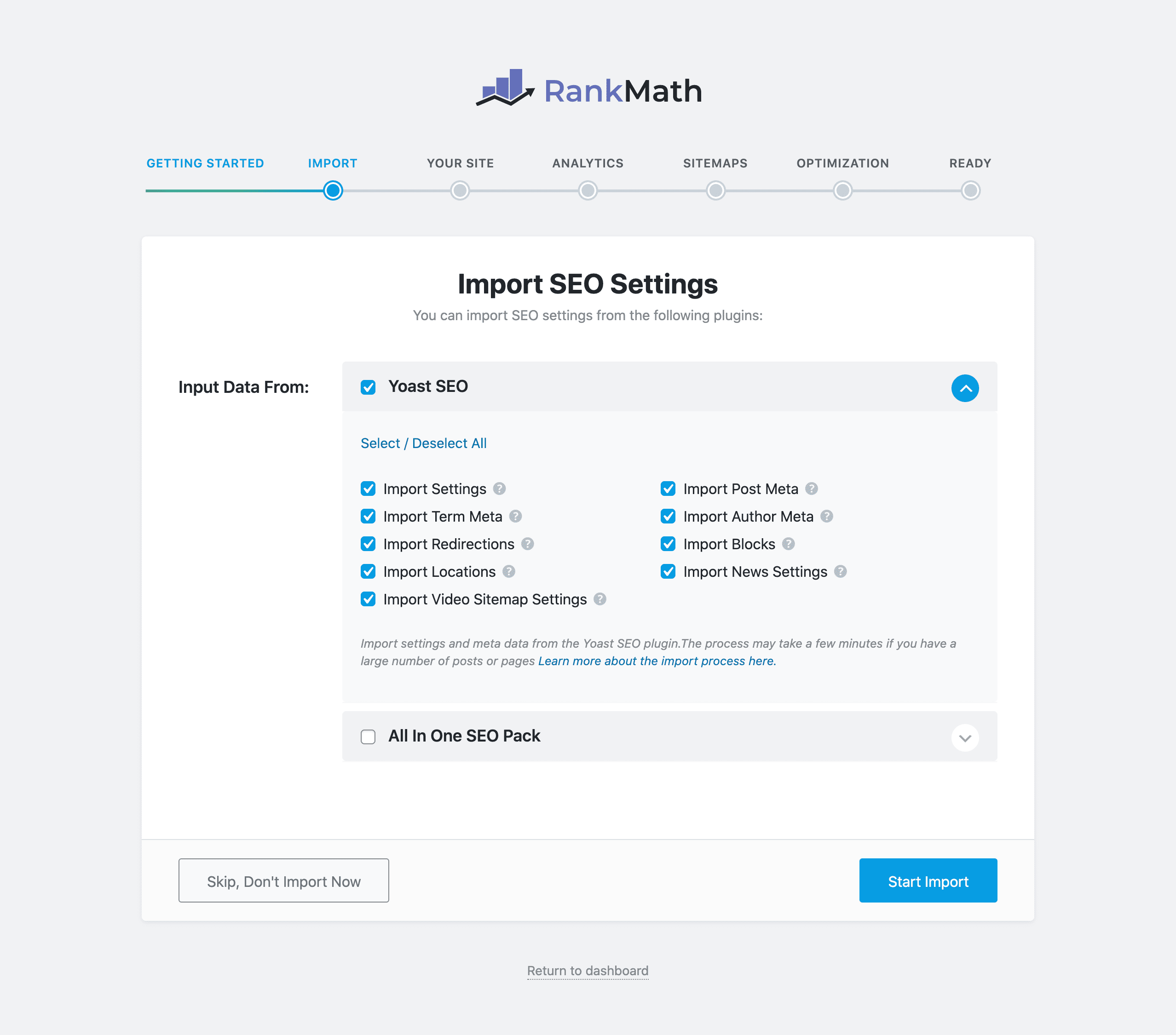Rank Math setup wizard importer
