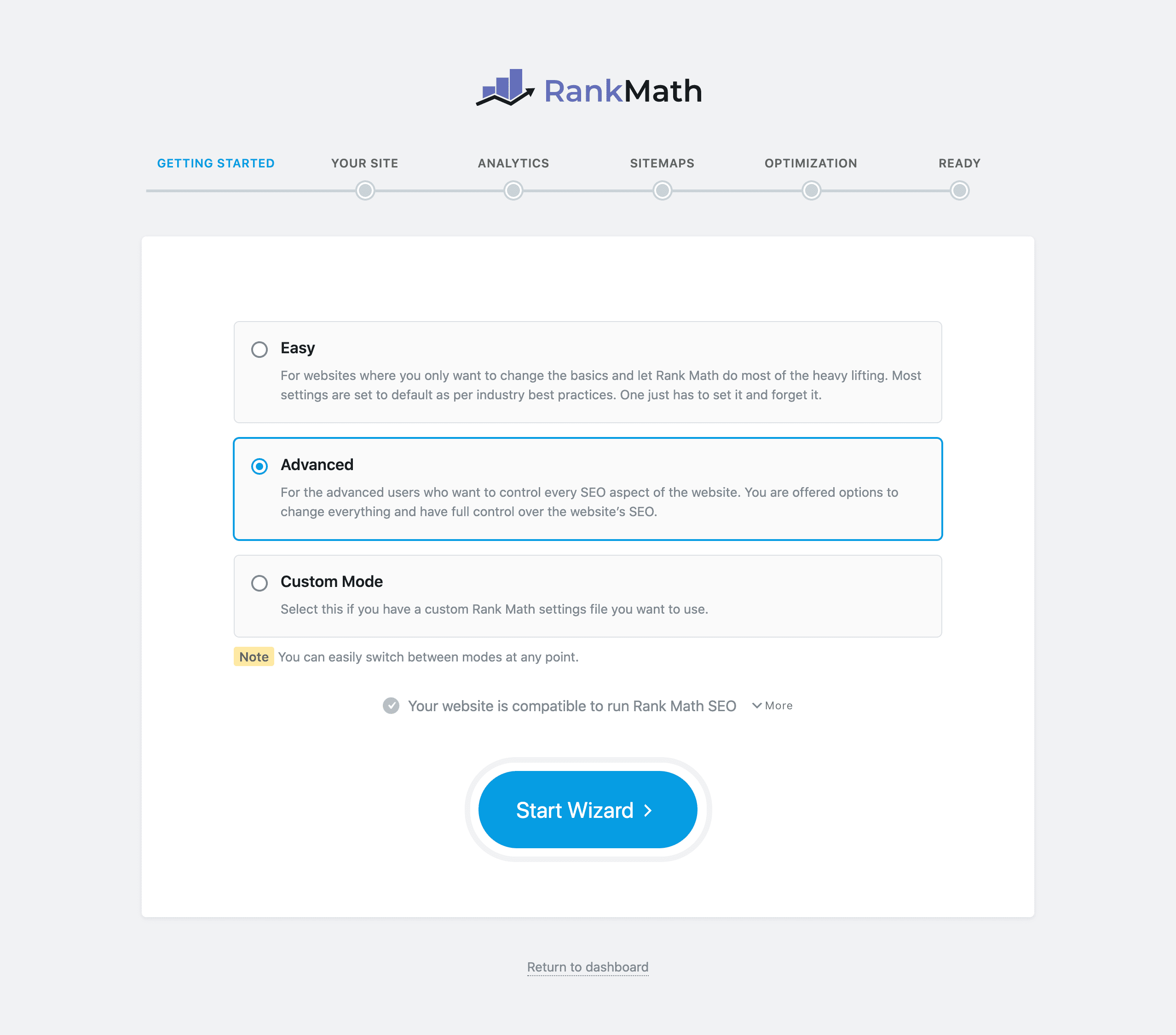 Rank Math setup wizard