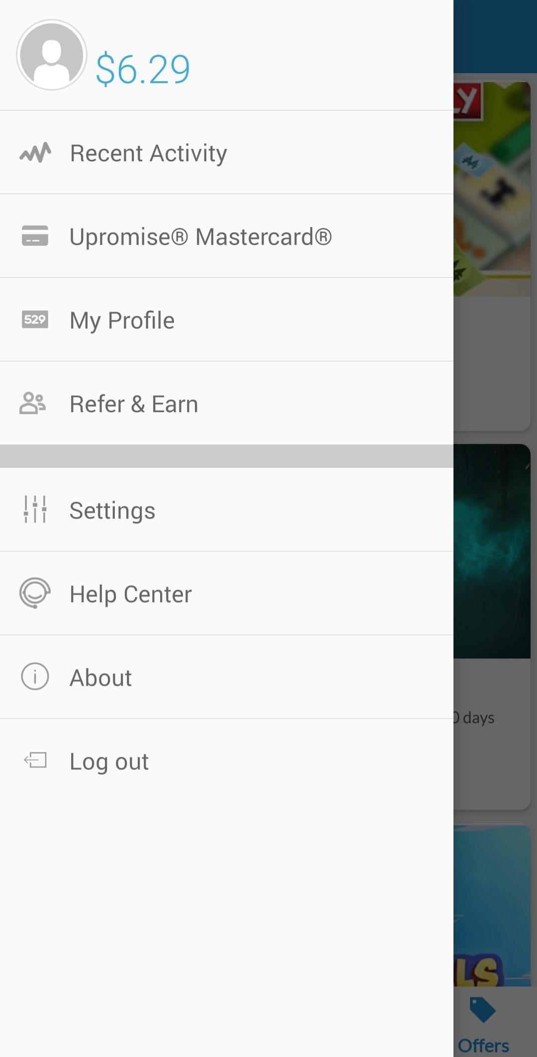 Upromise Profile Menu