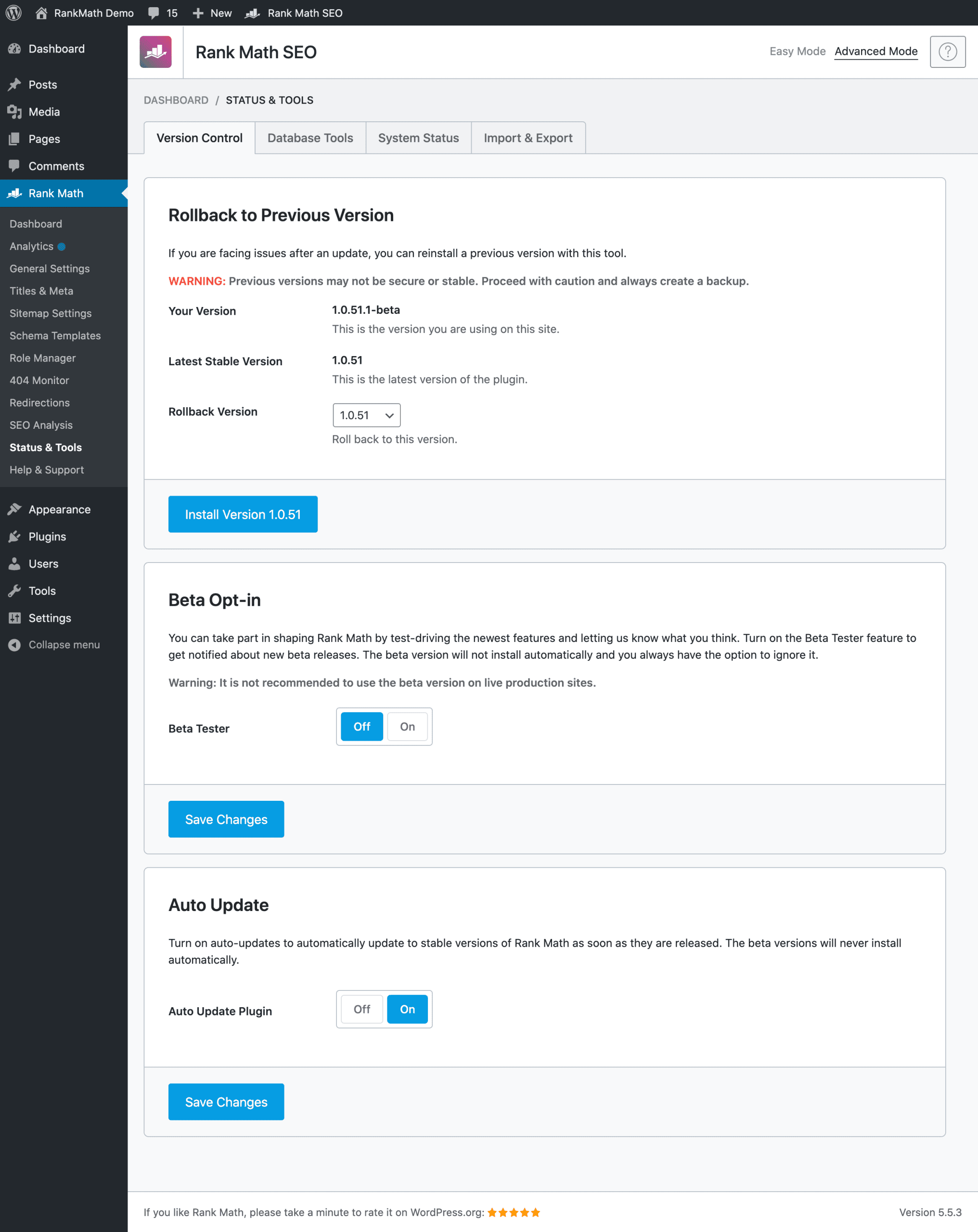 Rank Math control beta testing
