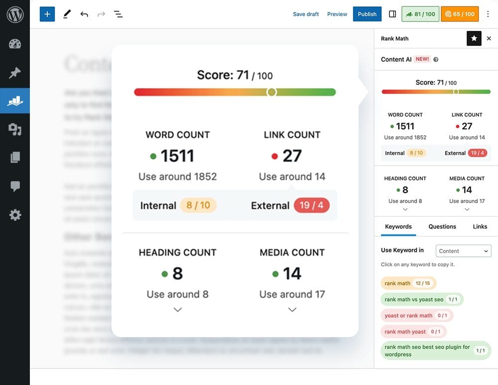 Rank Math content ai user interface