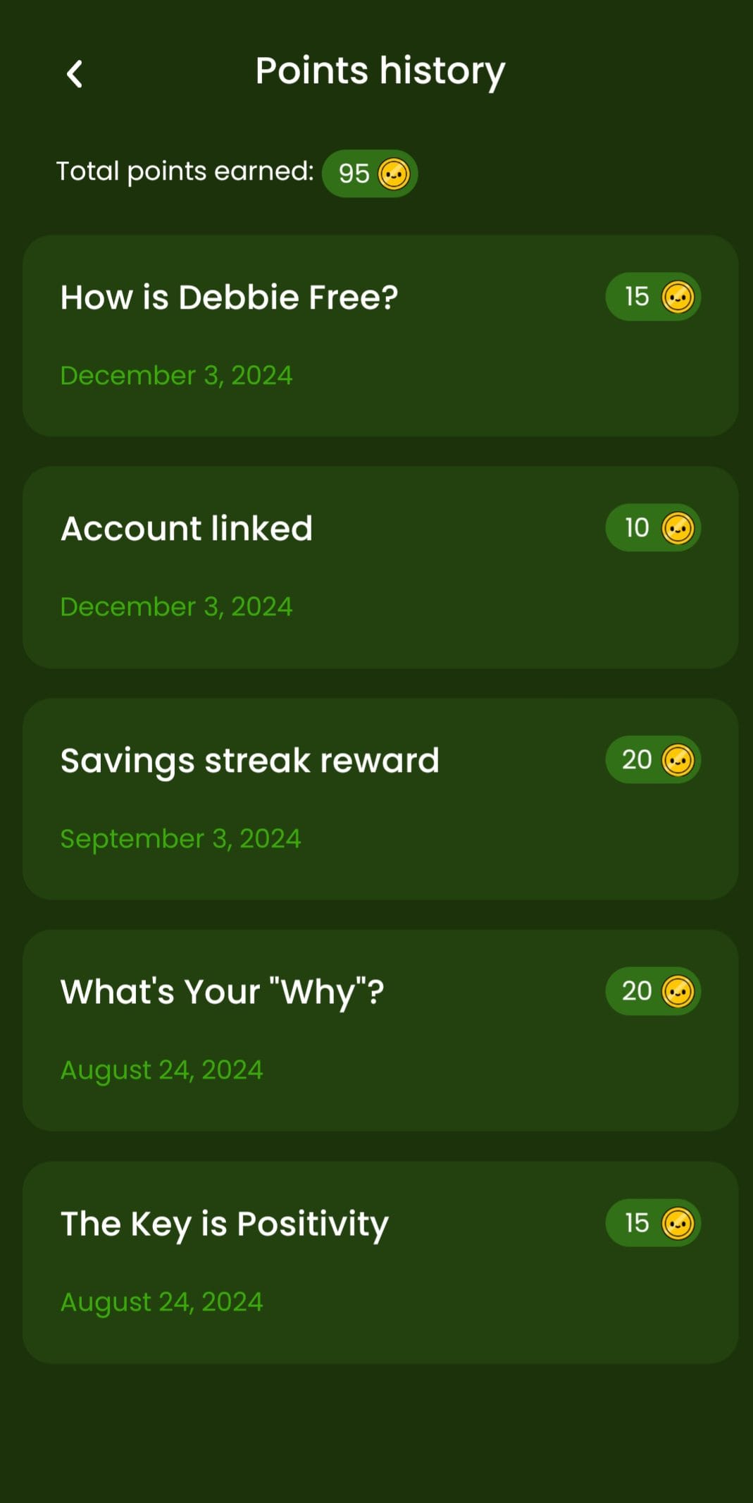 Debbie Rewards Points History