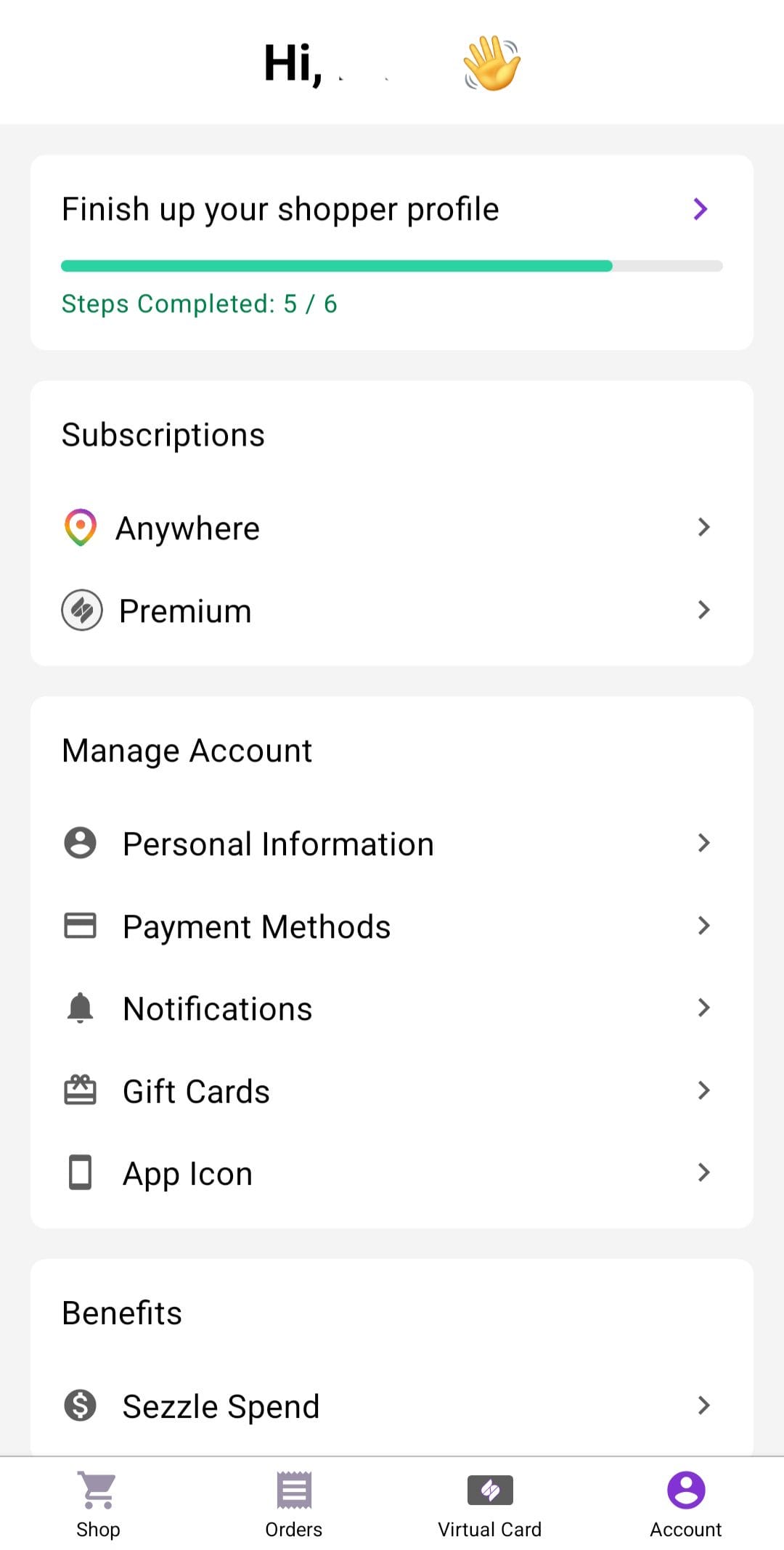 Sezzle Account Profile
