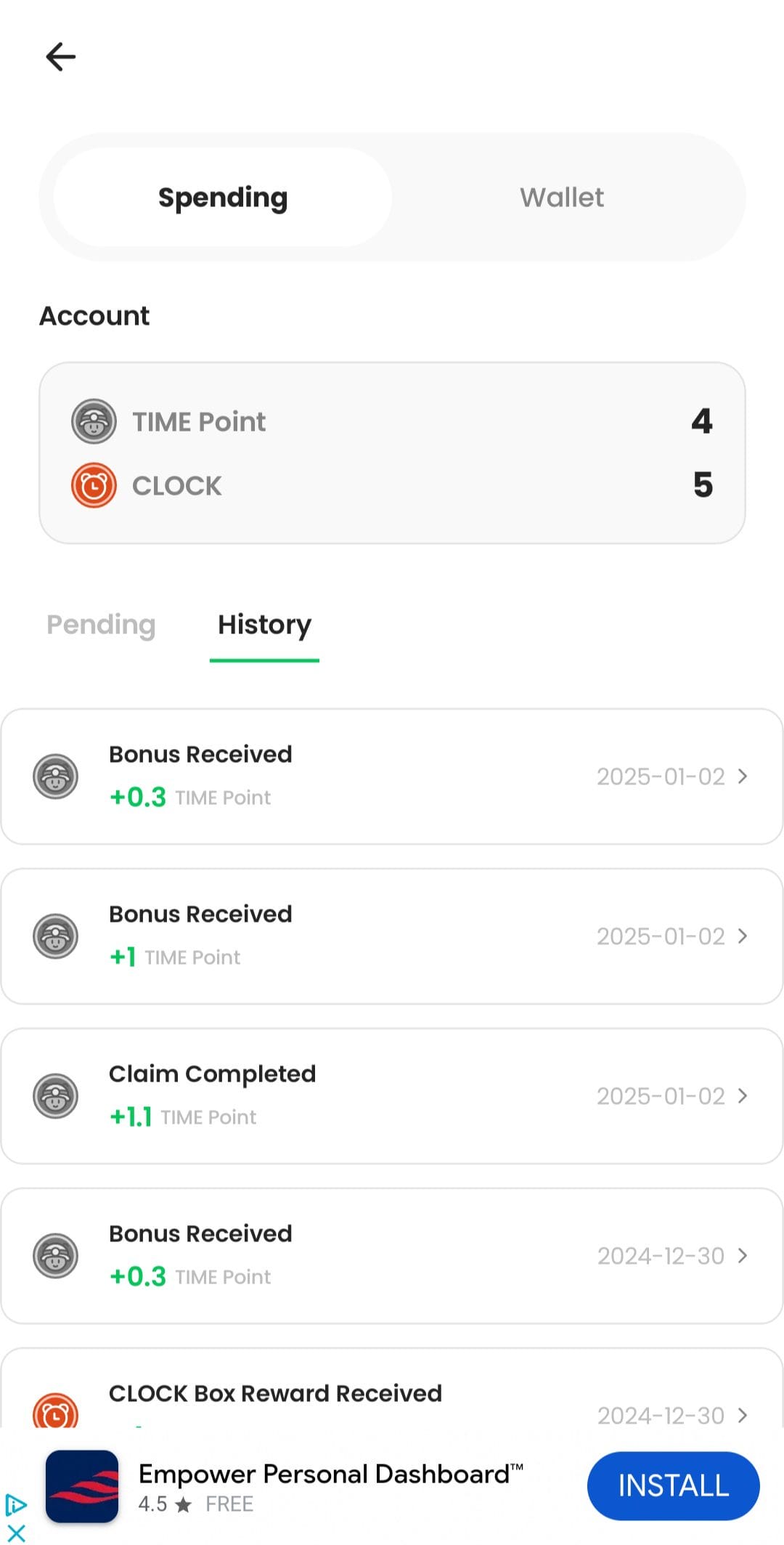 ANYTIME Earning History