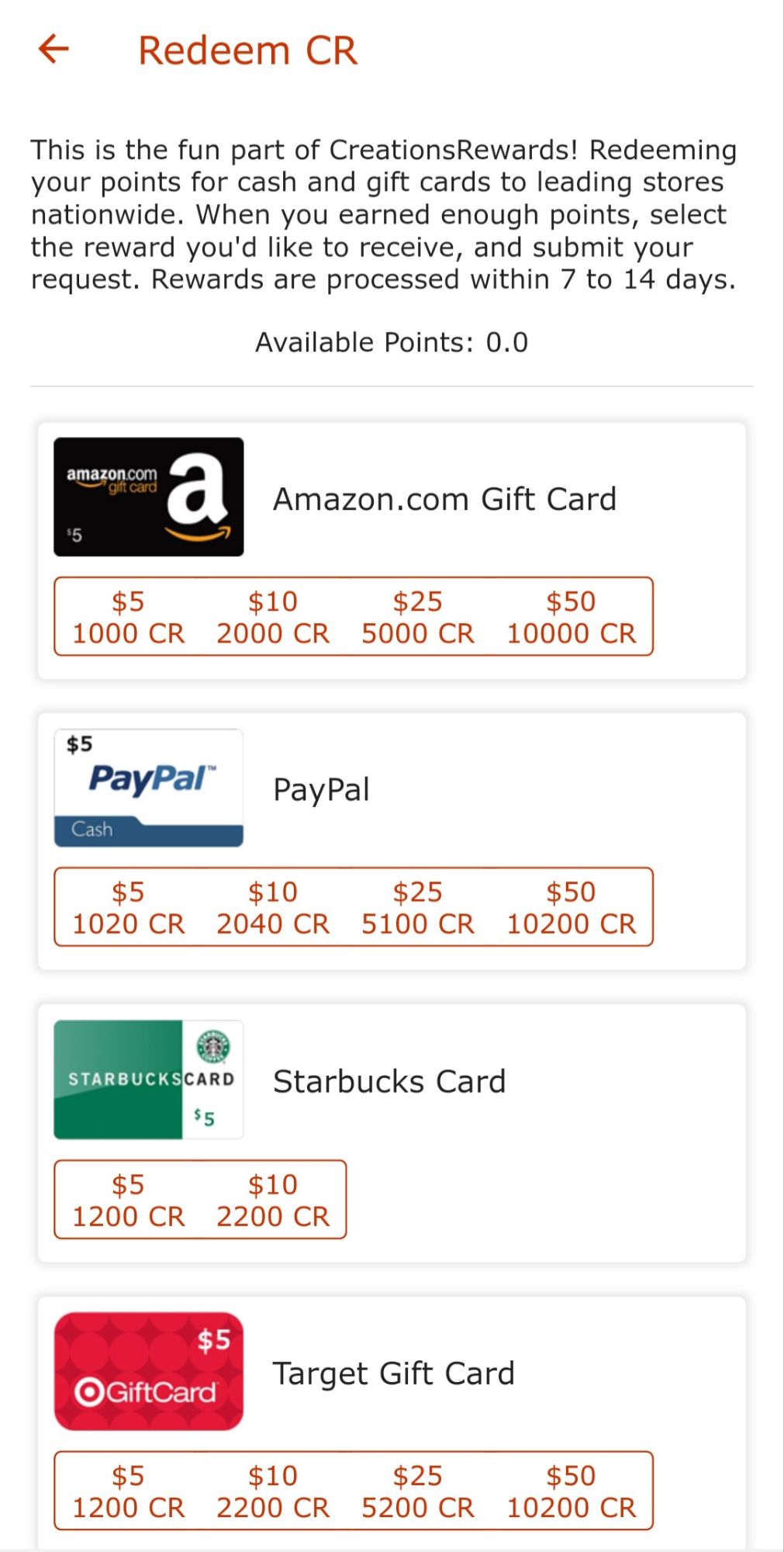 CreationsRewards Points Redemption