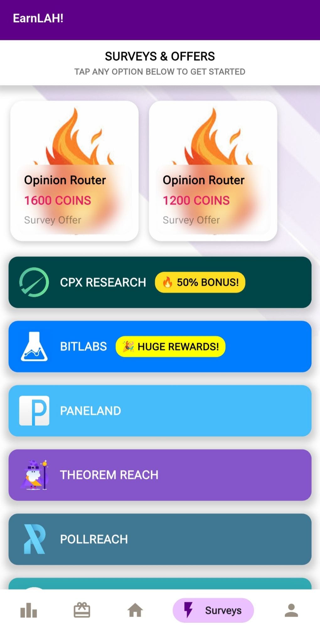 Survey List and Rewards