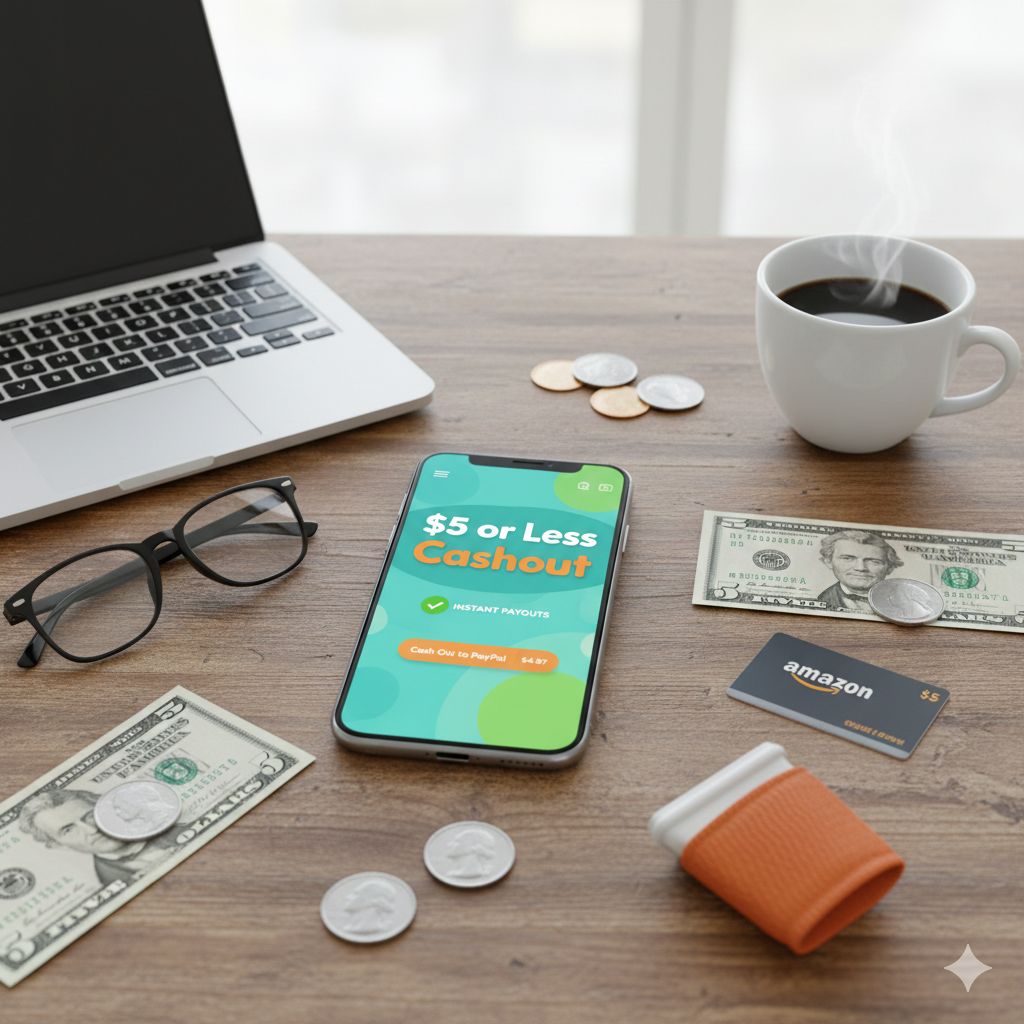 A workspace with a smartphone displaying a $5 or less cashout confirmation and physical currency