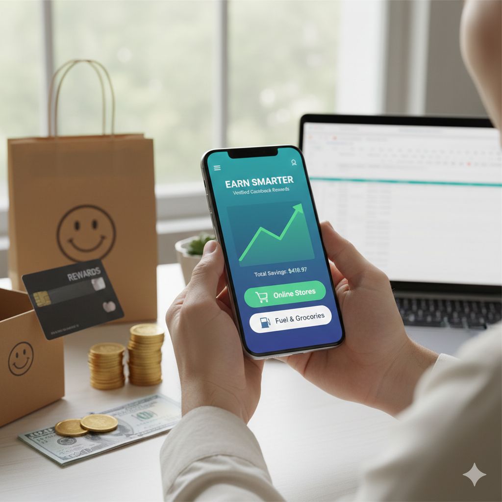 A professional guide on how to Earn Cashback featuring a smartphone user shopping online with rewards points