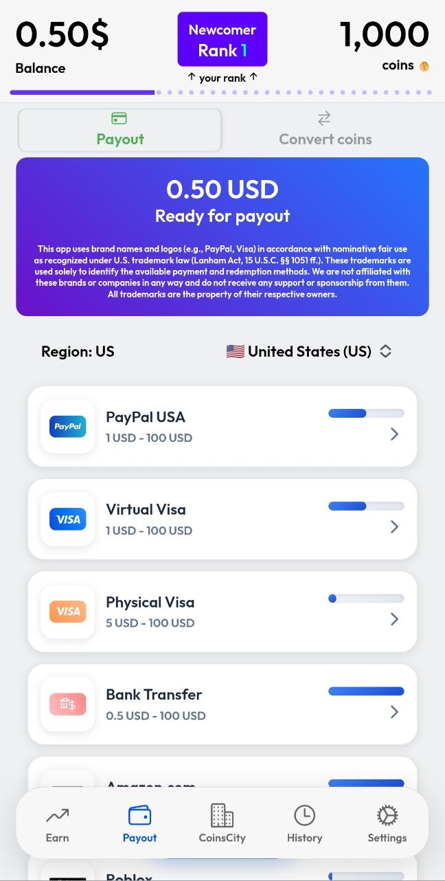 Freedom Payout Options Screen