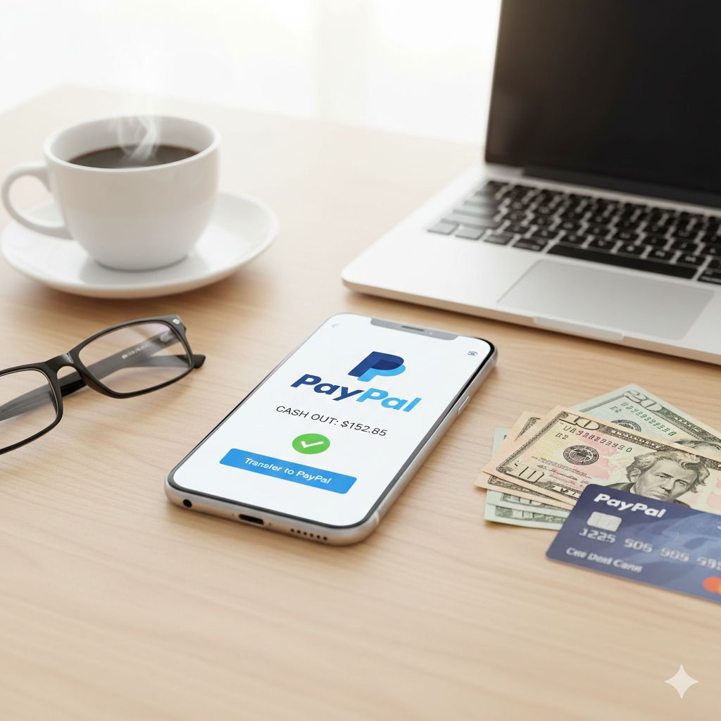 A professional desk setup featuring a smartphone displaying a successful PayPal Cashout notification