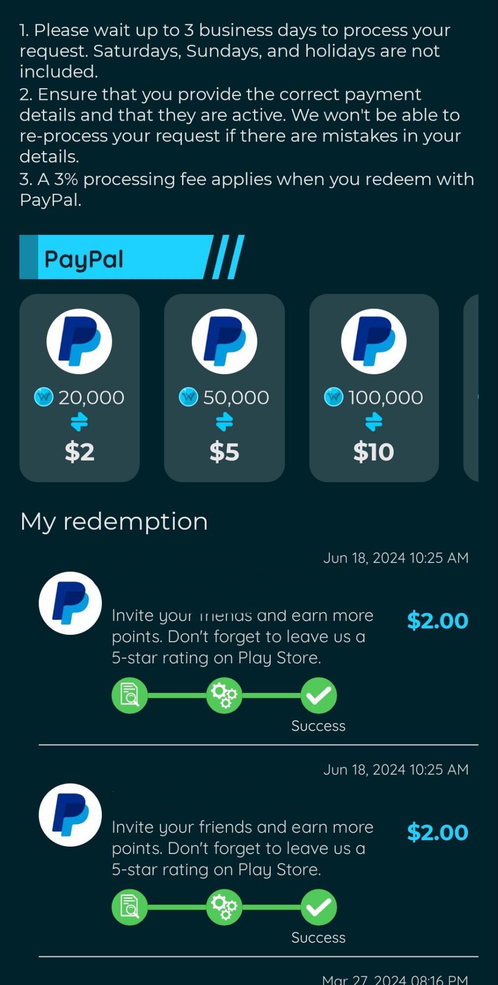 Redemption Options Menu